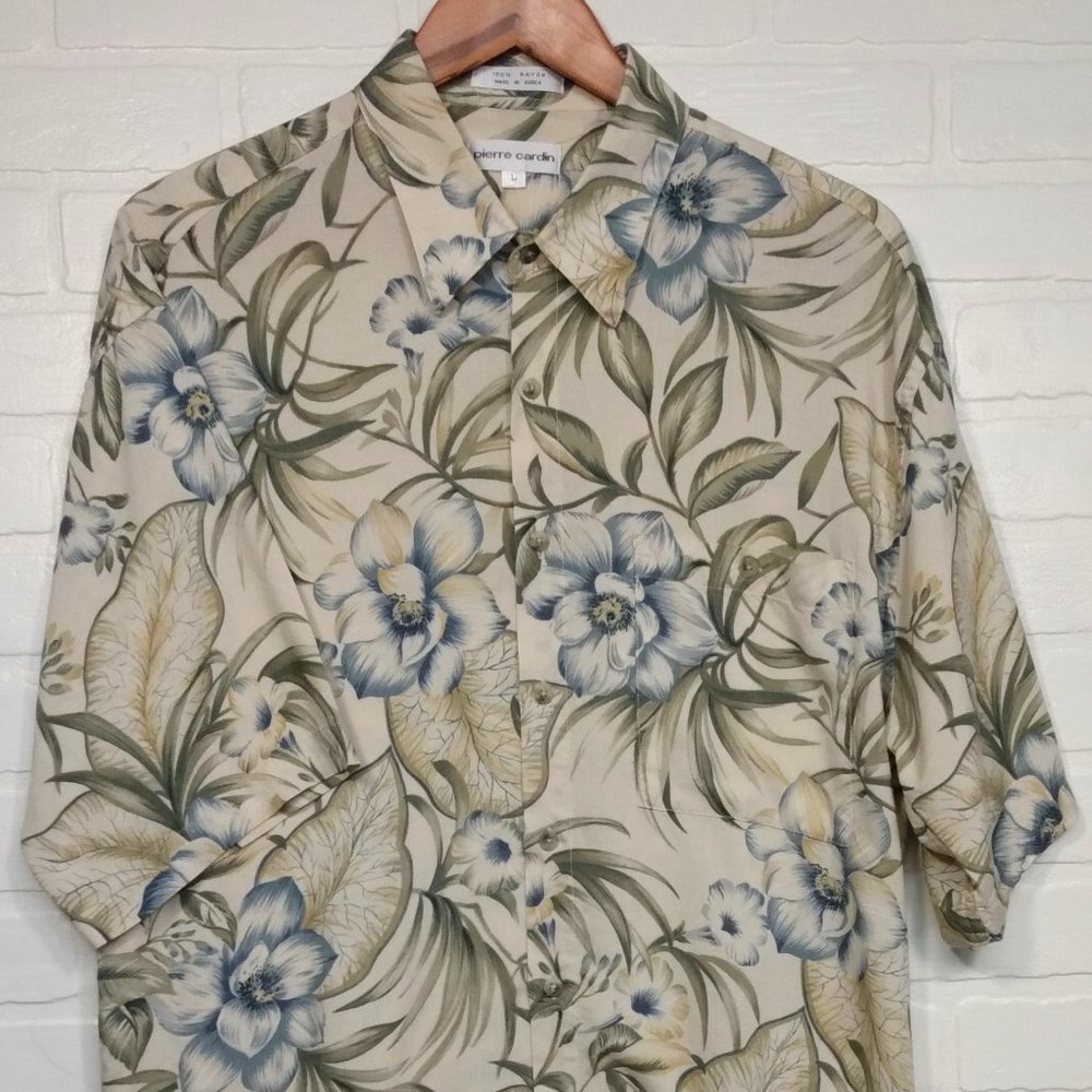 Pierre Cardin men's beige with tropical floral pattern short sleeve shirt large